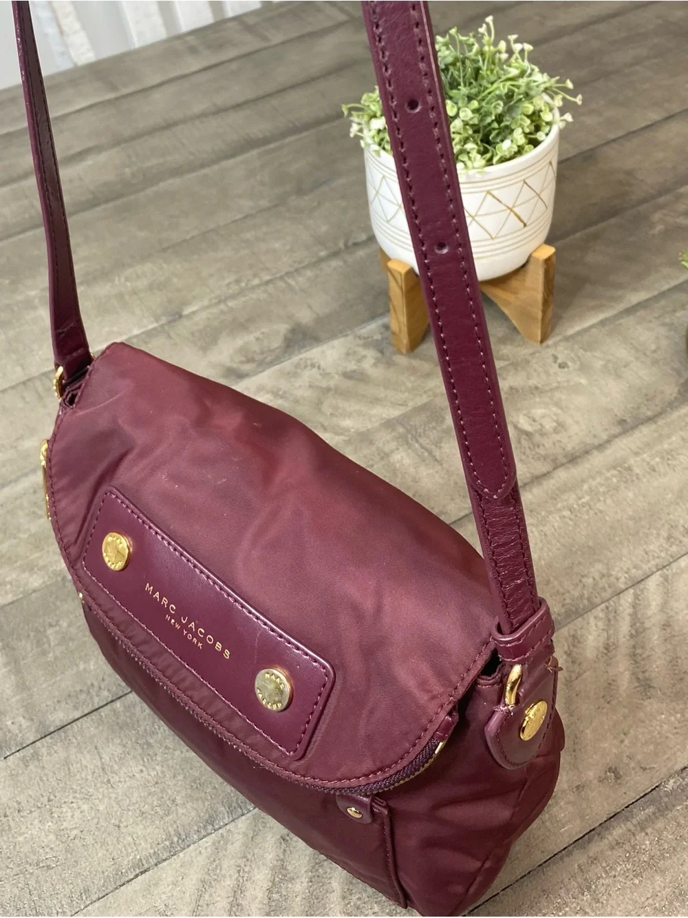Marc Jacobs Preppy Nylon Mini Natasha Crossbody Bag Burgundy Gold Hardware